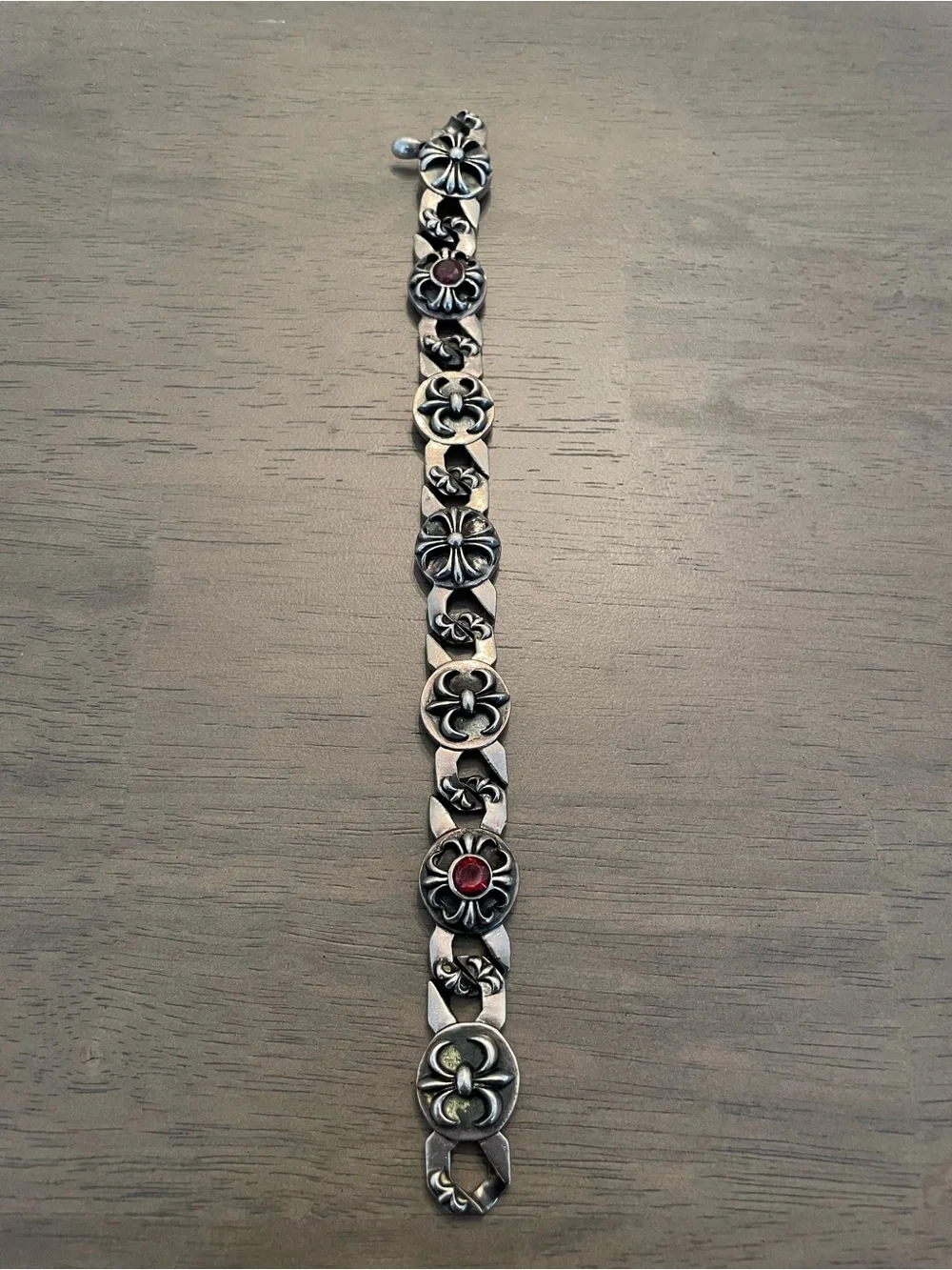 Sterling Silver Floral Link Bracelet with Red Accents